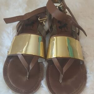 Circus by Sam Edelman Brown Leather Gold Strap Thong Sandals Ankle Gladiator Sz9